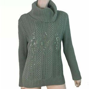 Talbots Sweater Women Size XLP Turtleneck Cowl Ribbed Sequin Cotton Wool Green